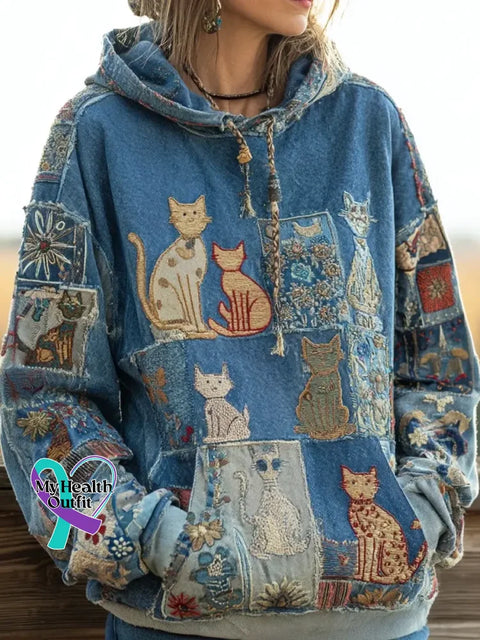 Women’s Cute Cats Pattern Art Print Casual Cotton Sweatshirt Blue / S