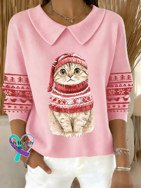 Women’s Cute Christmas Cat Print Cat Lovers Casual Baby Doll Collar Top Pink / S