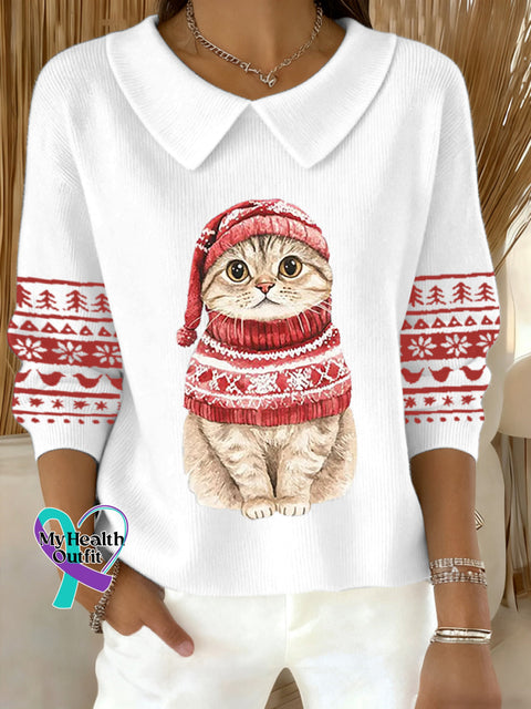 Women’s Cute Christmas Cat Print Cat Lovers Casual Baby Doll Collar Top White / S