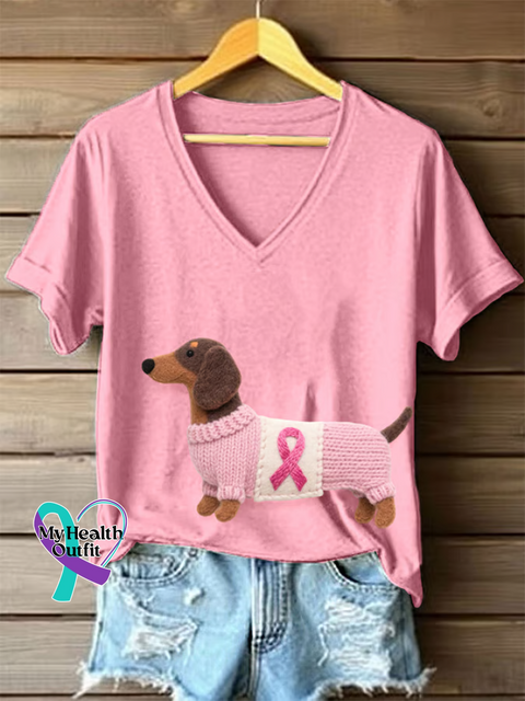 Women’s Dachshund Breast Cancer Awareness V neck Casual T Shirt Multicolor / S