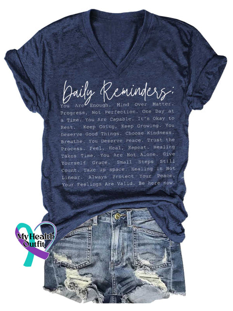 Women’s Daily Affirmations Positive Reminder Tee You Are Enough Mental Health Matters V-neck Casual T-Shirt Blue / S