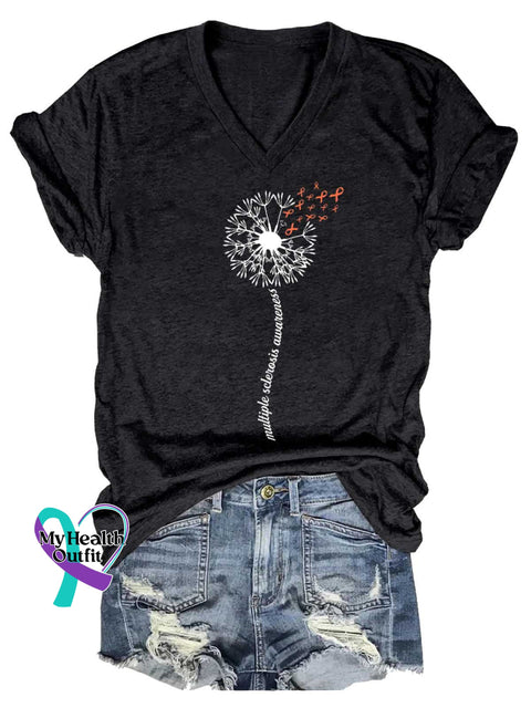 Women’s Dandelion Ms Awareness Multiple Sclerosis Warrior Multiple Sclerosis Orange Ribbon V-neck Casual T-Shirt Black