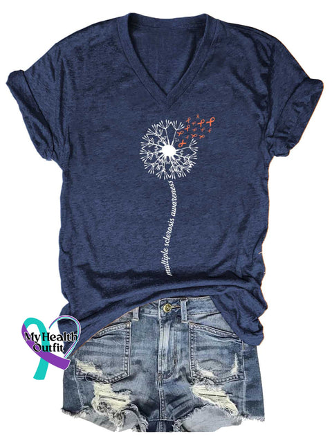 Women’s Dandelion Ms Awareness Multiple Sclerosis Warrior Multiple Sclerosis Orange Ribbon V-neck Casual T-Shirt Blue