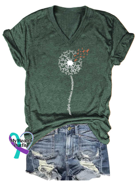 Women’s Dandelion Ms Awareness Multiple Sclerosis Warrior Multiple Sclerosis Orange Ribbon V-neck Casual T-Shirt Green