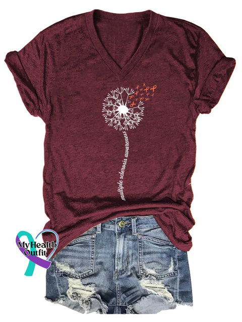 Women’s Dandelion Ms Awareness Multiple Sclerosis Warrior Multiple Sclerosis Orange Ribbon V-neck Casual T-Shirt Red / S