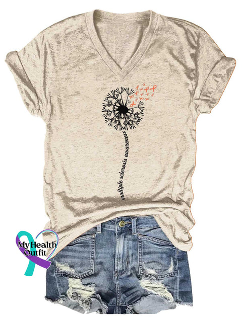 Women’s Dandelion Ms Awareness Multiple Sclerosis Warrior Multiple Sclerosis Orange Ribbon V-neck Casual T-Shirt Sand