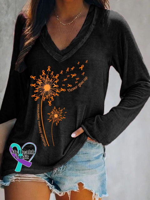 Women’s Dandelion Multiple Sclerosis Awareness Never Give Up Print Casual Long Sleeve T-Shirt