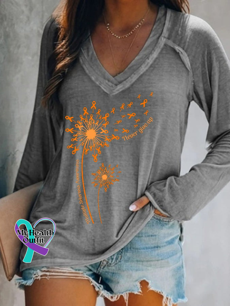 Women’s Dandelion Multiple Sclerosis Awareness Never Give Up Print Casual Long Sleeve T-Shirt