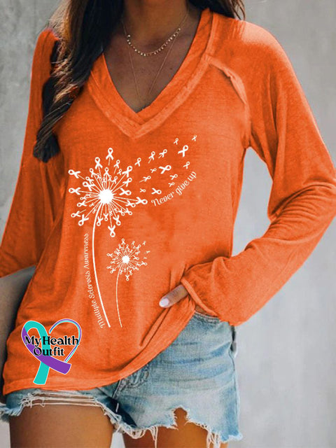 Women’s Dandelion Multiple Sclerosis Awareness Never Give Up Print Casual Long Sleeve T-Shirt