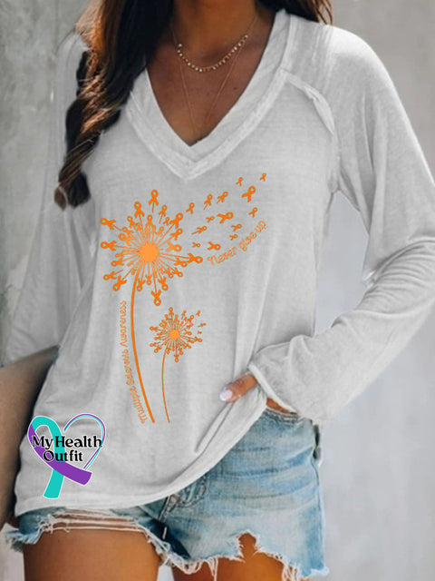 Women’s Dandelion Multiple Sclerosis Awareness Never Give Up Print Casual Long Sleeve T-Shirt
