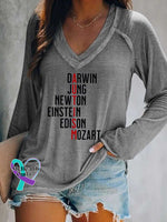 Women’s Darwin Jung Newton Einstein Edison Mozart Autism Awareness Print V Neck Long Sleeve Tops Grey / S