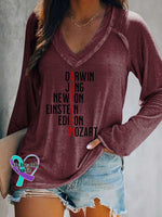 Women’s Darwin Jung Newton Einstein Edison Mozart Autism Awareness Print V Neck Long Sleeve Tops Red / S