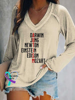 Women’s Darwin Jung Newton Einstein Edison Mozart Autism Awareness Print V Neck Long Sleeve Tops Sand / S