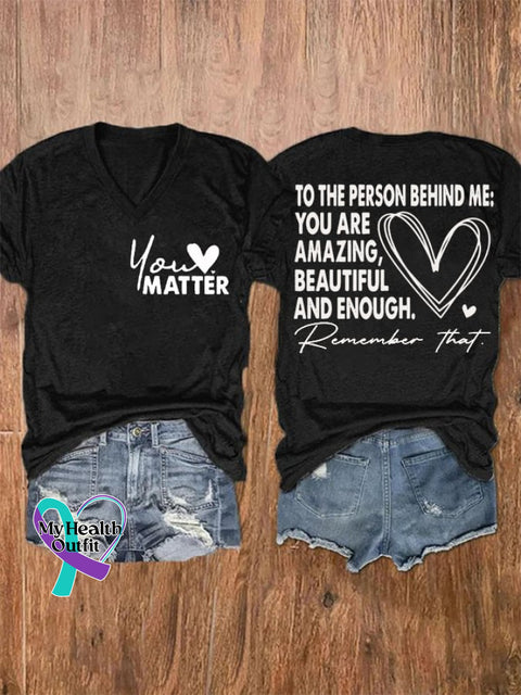 Women’s Dear People Behind Me Mental Health Print V Neck Short Sleeve T-Shirt Black / S