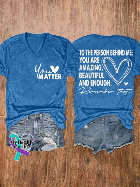 Women’s Dear People Behind Me Mental Health Print V Neck Short Sleeve T-Shirt Blue / S