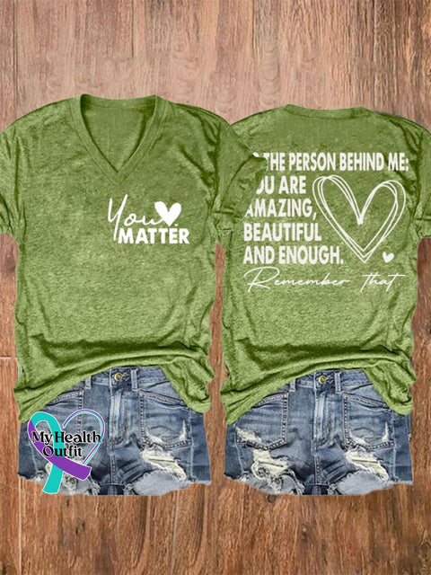 Women’s Dear People Behind Me Mental Health Print V Neck Short Sleeve T-Shirt Green / S