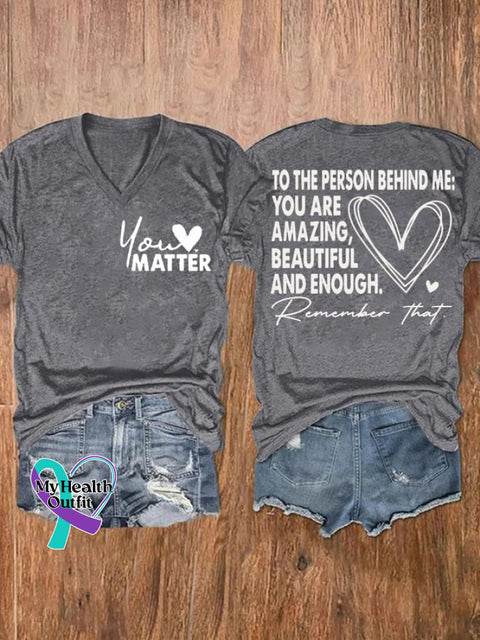 Women’s Dear People Behind Me Mental Health Print V Neck Short Sleeve T-Shirt Grey / S