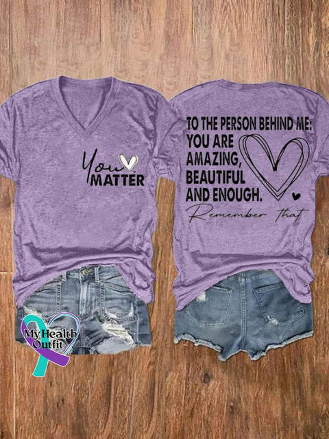 Women’s Dear People Behind Me Mental Health Print V Neck Short Sleeve T-Shirt Purple / S