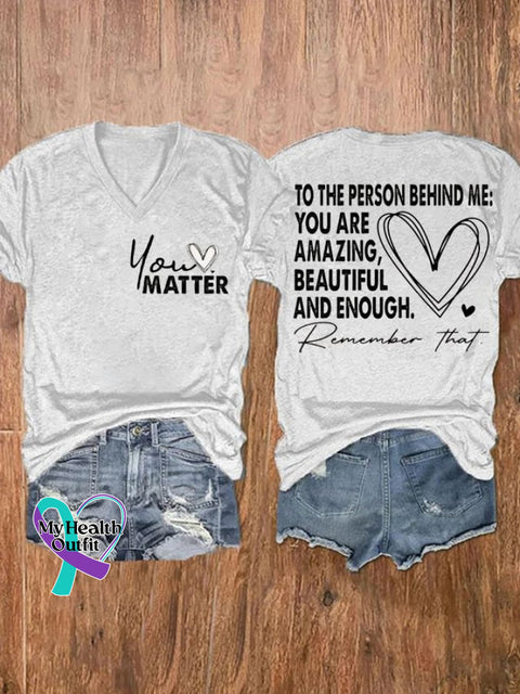 Women’s Dear People Behind Me Mental Health Print V Neck Short Sleeve T-Shirt White / S