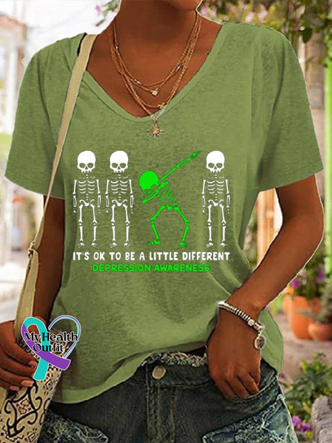 Women’s Depression Awareness It’s Ok To Be A Little Different Printed T-Shirt Green / S