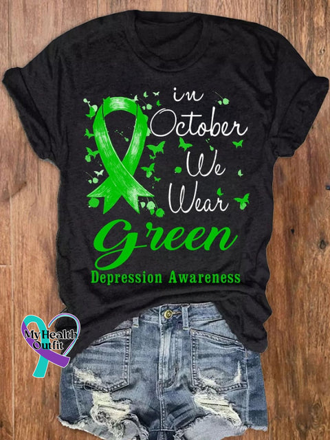 Women’s Depression In October We Wear Green Awareness T-Shirt Black / S