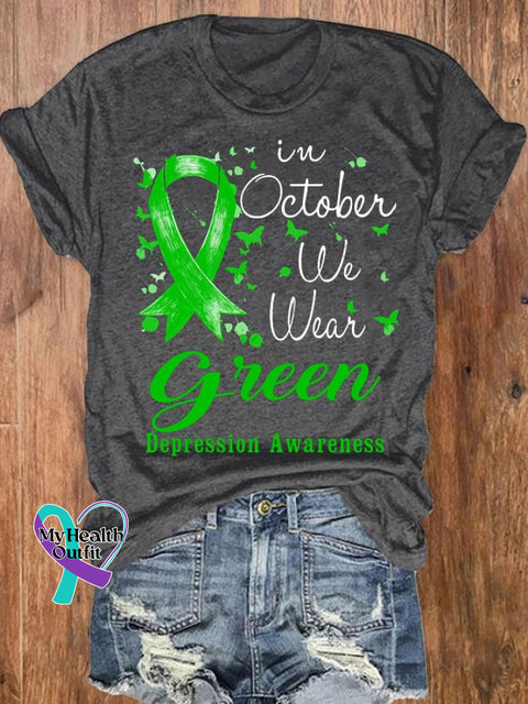 Women’s Depression In October We Wear Green Awareness T-Shirt Dark Grey / S