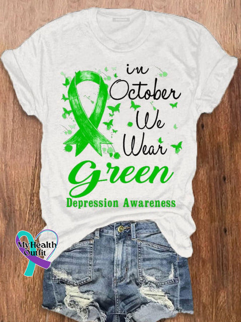 Women’s Depression In October We Wear Green Awareness T-Shirt White / S