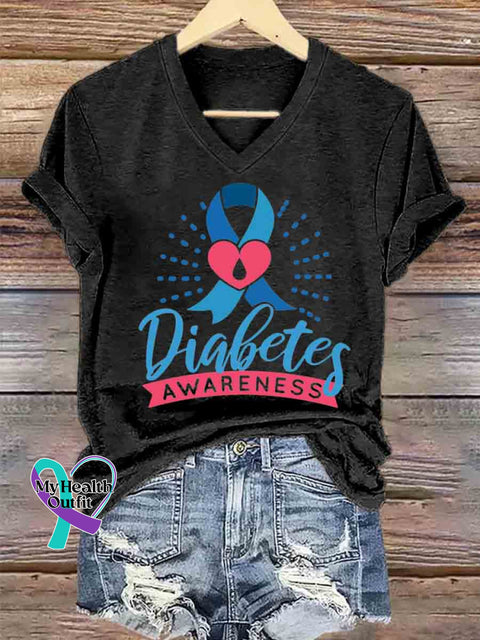 Women’s Diabetes Awareness Art V neck Casual T Shirt Black / S