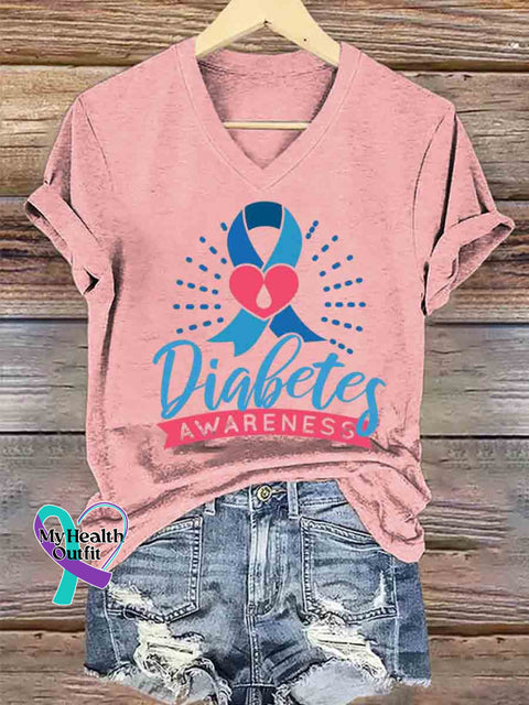 Women’s Diabetes Awareness Art V neck Casual T Shirt Pink / S