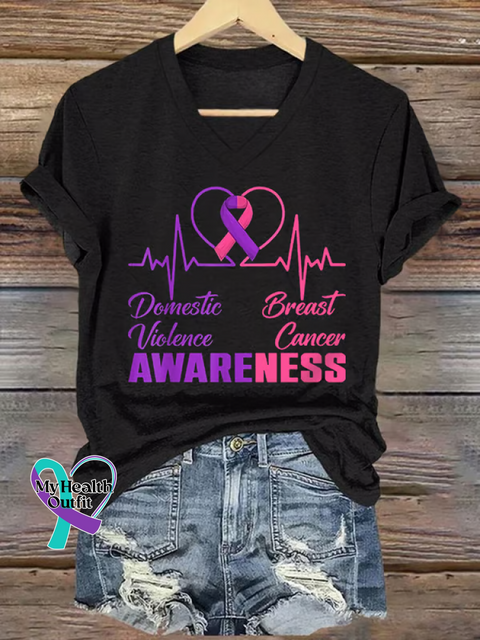 Women’s DOMESTIC VIOLENCE & BREAST CANCER AWARENESS V neck Casual T Shirt Black / S