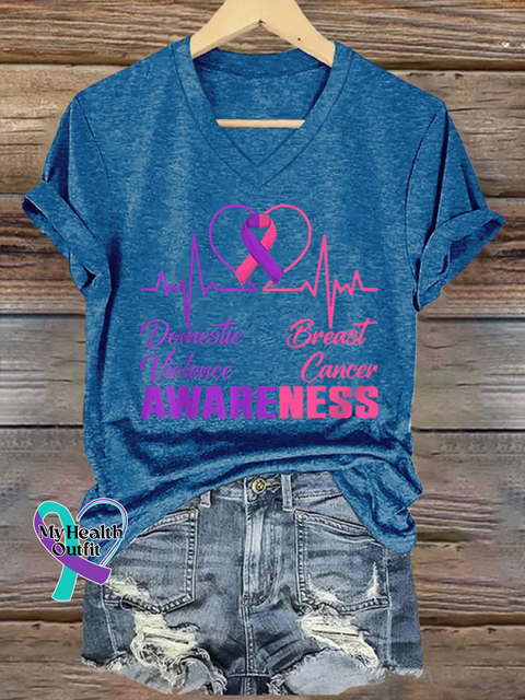 Women’s DOMESTIC VIOLENCE & BREAST CANCER AWARENESS V neck Casual T Shirt Blue / S