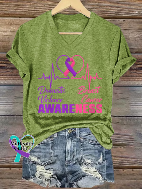 Women’s DOMESTIC VIOLENCE & BREAST CANCER AWARENESS V neck Casual T Shirt Green / S