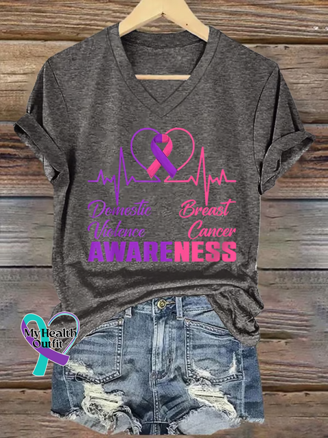 Women’s DOMESTIC VIOLENCE & BREAST CANCER AWARENESS V neck Casual T Shirt Grey / S