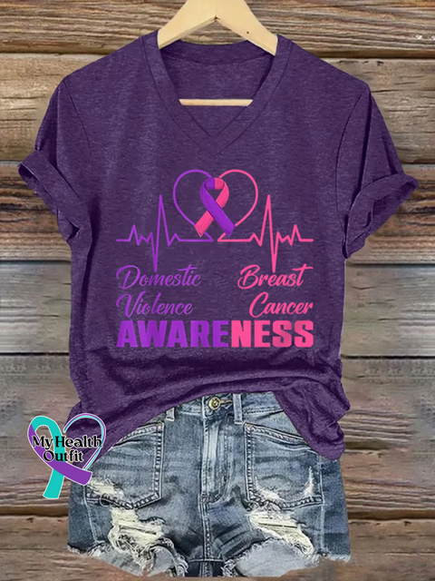 Women’s DOMESTIC VIOLENCE & BREAST CANCER AWARENESS V neck Casual T Shirt Purple / S