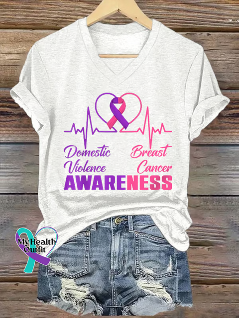 Women’s DOMESTIC VIOLENCE & BREAST CANCER AWARENESS V neck Casual T Shirt White / S