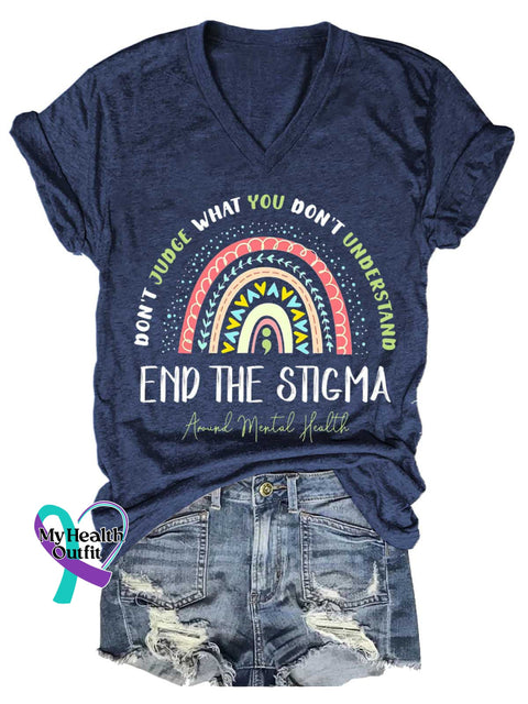 Women’s Don’t Judge What You Don’t Understand End The Stigma Around Mental Health V-neck Casual T-Shirt Blue / S