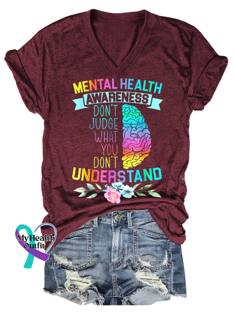 Women’s DON’T JUDGE WHAT YOU DON’T UNDERSTAND Mental Health Awareness V-neck Casual T-Shirt Red / S