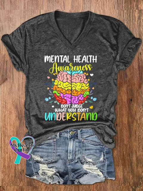 Women’s Don’t Judge What You Understand Mental Health Awareness V-Neck Tee Dark Grey / S