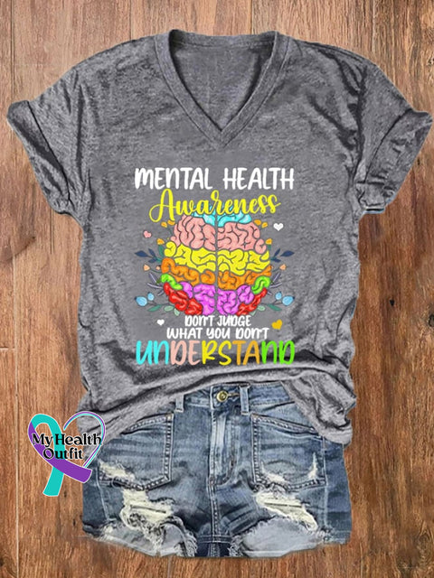 Women’s Don’t Judge What You Understand Mental Health Awareness V-Neck Tee Light Grey / S