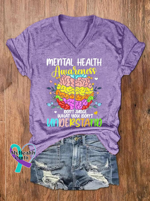Women’s Don’t Judge What You Understand Mental Health Awareness V-Neck Tee Purple / S