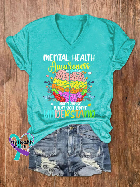 Women’s Don’t Judge What You Understand Mental Health Awareness V-Neck Tee Water Blue / S