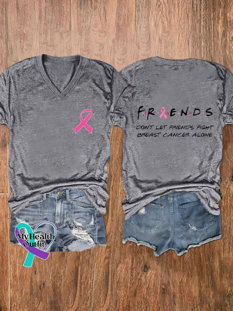 Women’s Don’t Let Friends Fight Breast Cancer Alone Print V-Neck T-Shirt Light Grey / S