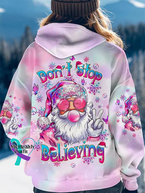 Women’s Don’t Stop Believing Blowing Bubble Santa Claus Christmas All Over Print Casual Hoodie