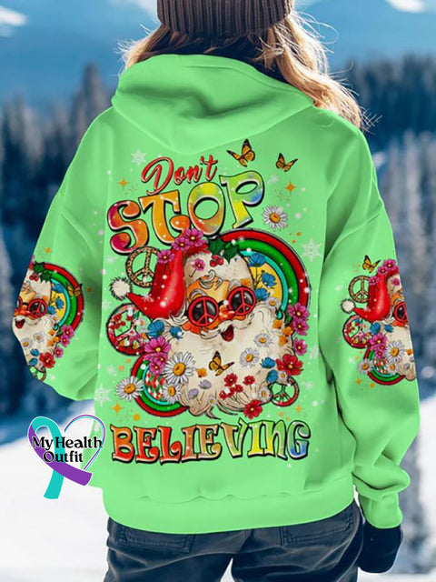 Women’s Don’t Stop Believing Christmas All Over Print Casual Hoodie Sweatshirt Multicolor / S