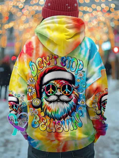 Women’s Don’t Stop Believing Christmas Tie Dye All Over Print Casual Hoodie Sweatshirt
