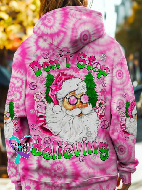 Women’s Don’t Stop Believing Pink Tie Dye Christmas All Over Print Casual Hoodie Sweatshirt