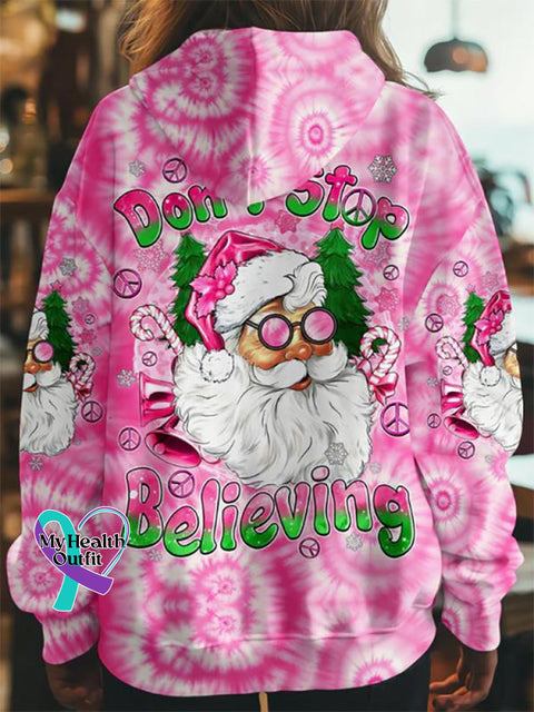 Women’s Don’t Stop Believing Pink Tie Dye Christmas All Over Print Casual Hoodie Sweatshirt