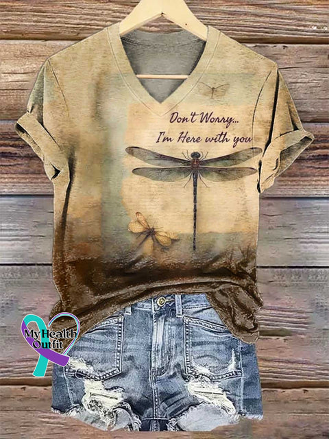 Women’s Don’t Worry... I’m Here with You Dragonfly V-neck Casual T-Shirt Multicolor / S