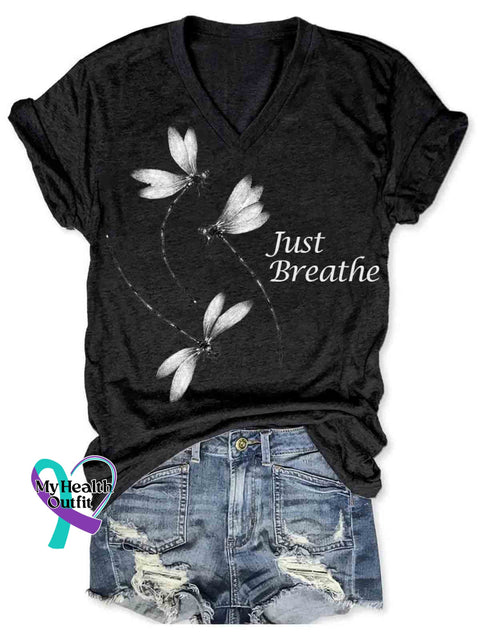 Women’s Dragonfly Art Just Breathe V neck Casual T Shirt Black / S