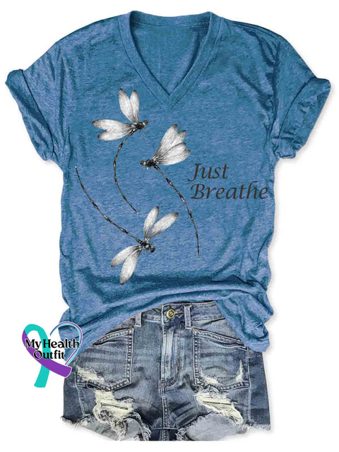 Women’s Dragonfly Art Just Breathe V neck Casual T Shirt Blue / S